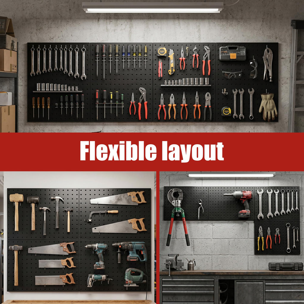 Peg Board, 4 Pack 16x12" Black Pegboard Organizer with 50 Hooks