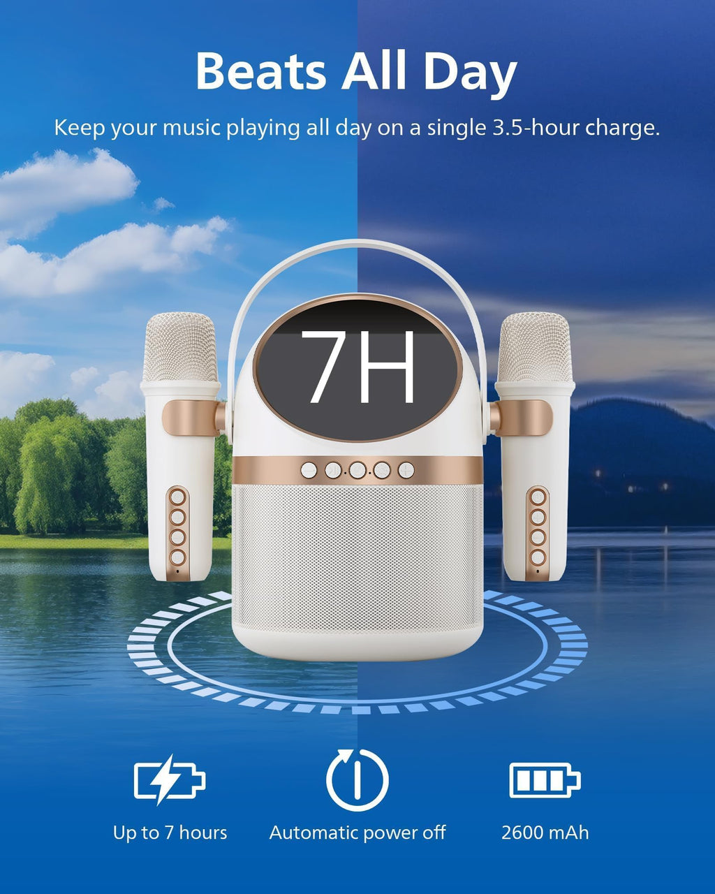 PHILIPS S2508 Portable Karaoke Machine,Party Bluetooth Speaker with 2 Karaoke Microphones,7 H Battery,Multi-Colored Light Modes with Display Screen,6