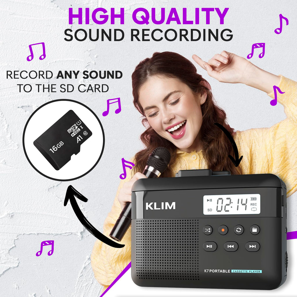 K7 Cassette Player, Converts Tapes to MP3, Built-in Microphone, 16GB Card
