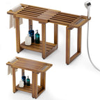 BLUEWEST Adjustable Shower Bench Stool for Inside Shower – 31.7'' Wood Bathroom Bench with Storage Shelf, Built-in Handle & Shower Head Holder