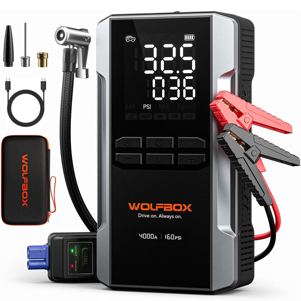 WOLFBOX MV24A 4000A Jump Starter with 160PSI Air Compressor, 12V Car Battery Booster, 88.8Wh Portable Jump Box (10L Gas/6L Diesel) with 65W Fast