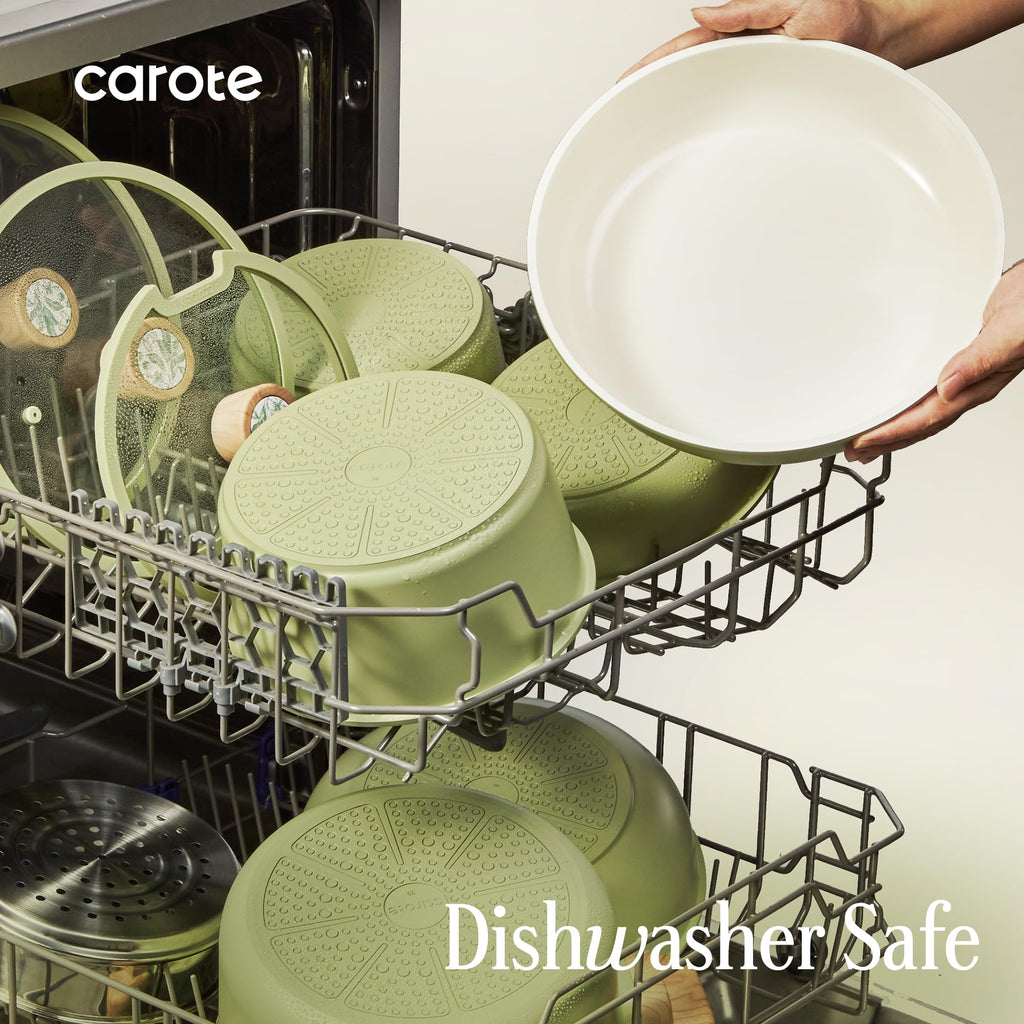 CAROTE 25pcs Ceramic Cookware Set, Detachable Handle Pots and Pans, Green