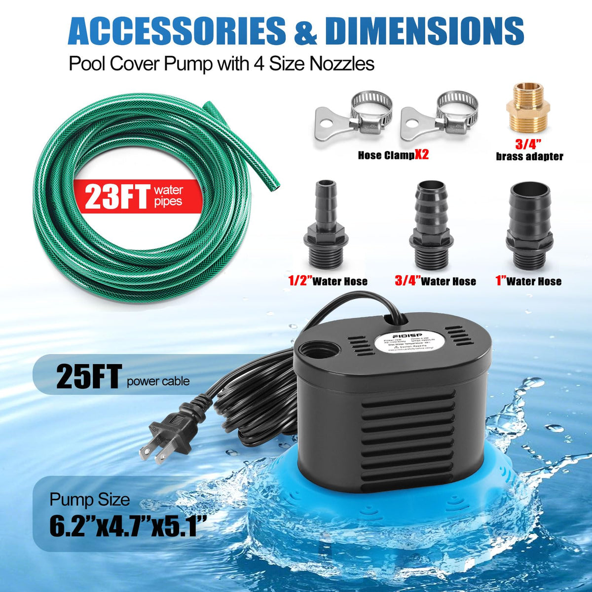 Pool Cover Pump, 850 GPH Pool Water Pump with 23 FT Drain Hose