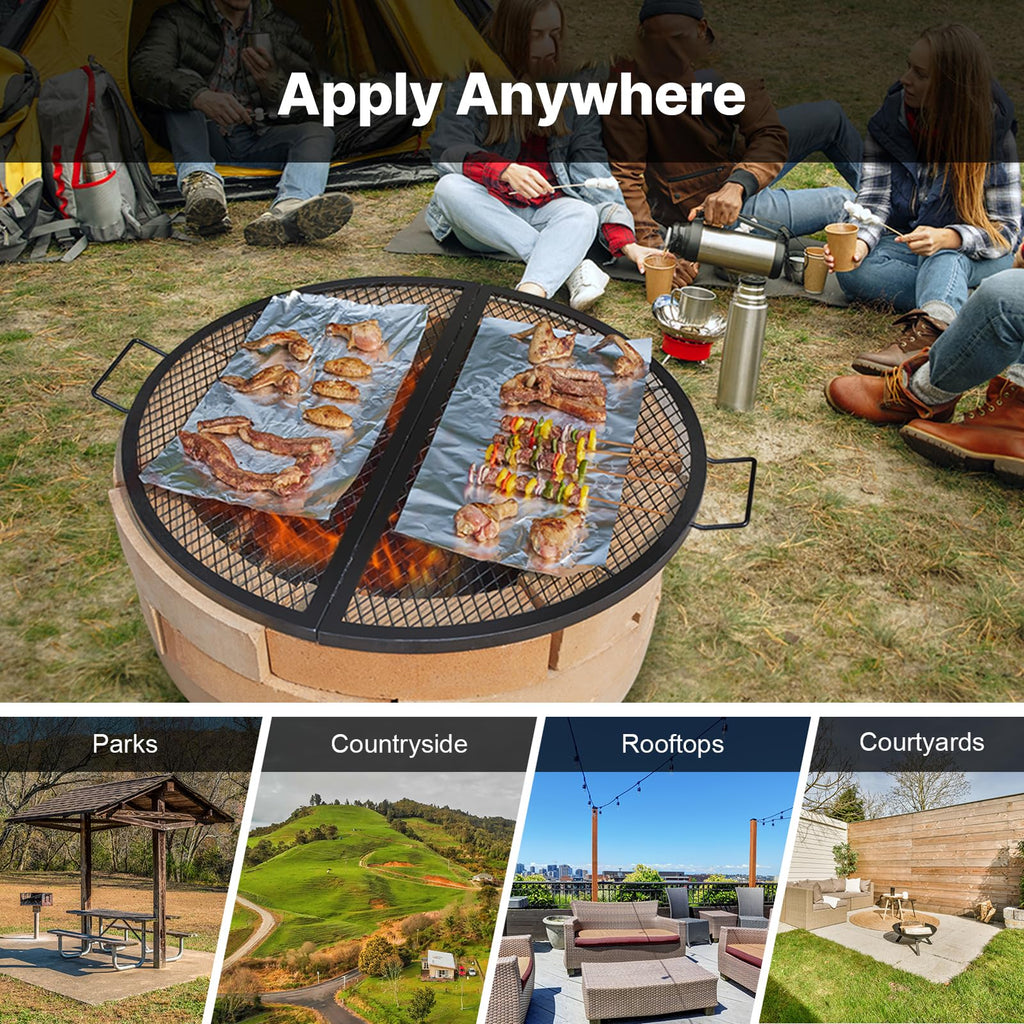 VEVOR X-Marks Fire Pit Grill Grate, Foldable Round Cooking Grate, Heavy Duty Steel Campfire BBQ Grill Grid with Handle and Support X Wire, Portable
