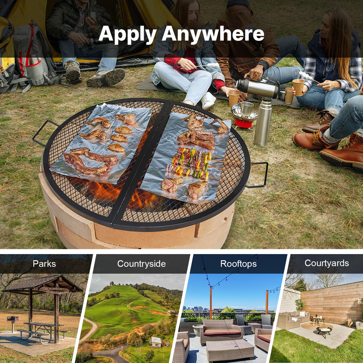 VEVOR X-Marks Fire Pit Grill Grate, Foldable Round Cooking Grate, Heavy Duty Steel Campfire BBQ Grill Grid with Handle and Support X Wire, Portable