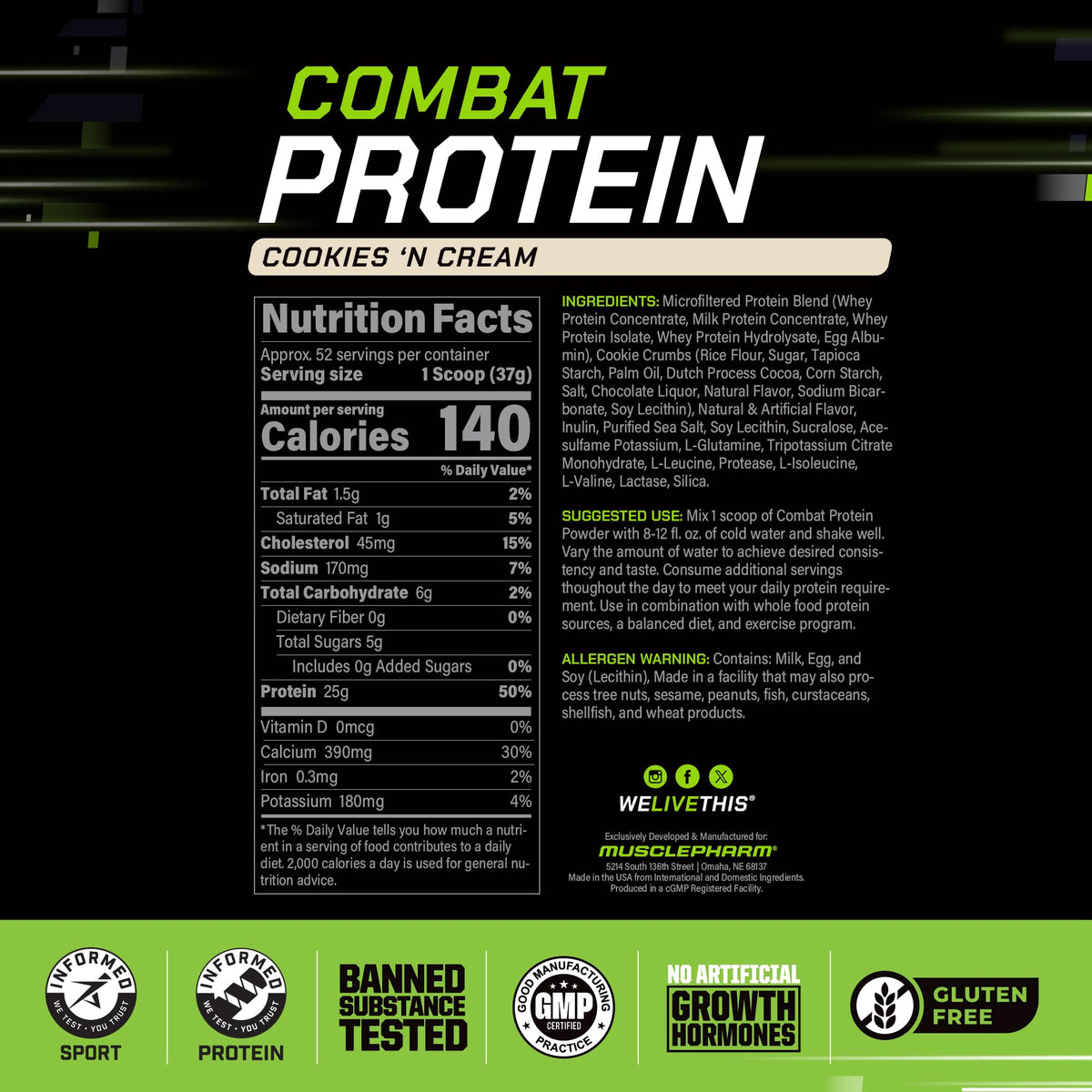 Muscle Pharm Combat Protein Powder | Cookies N Cream - 4.2 lb