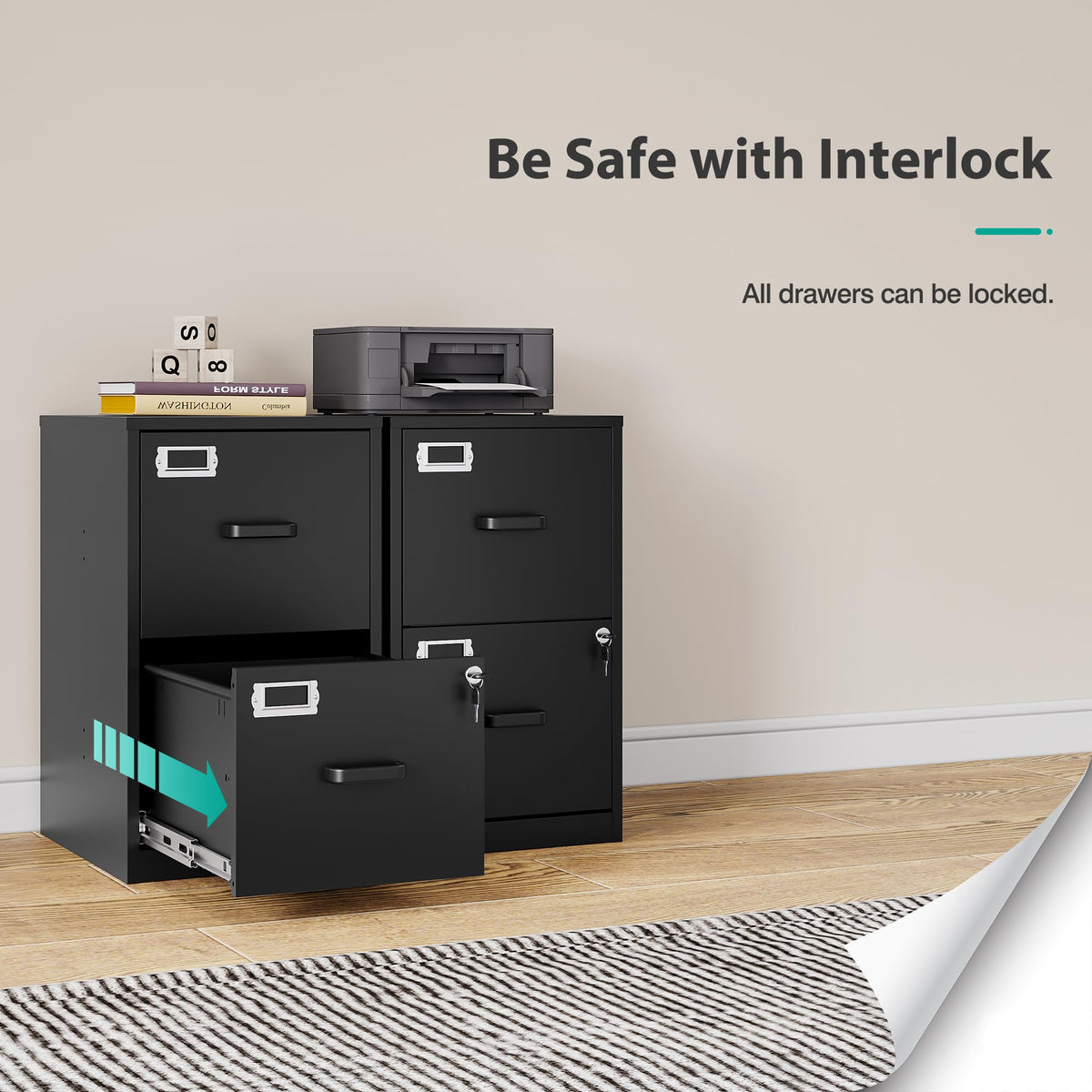 2 Drawer File Cabinet with Lock,Narrow Vertical Filing Cabinet,Under Desk File Cabinets,Black Metal File Cabinets for Home Office,Fit Letter/A4/Legal