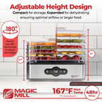 Magic Mill Food Dehydrator Machine | 5 Stackable Stainless Steel Trays, 48H Digital Adjustable Timer & Temperature Control Upto 167° Electric Dryer &