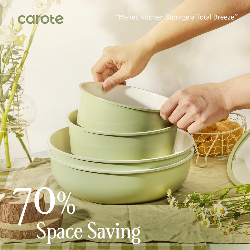 CAROTE 25pcs Ceramic Cookware Set, Detachable Handle Pots and Pans, Green