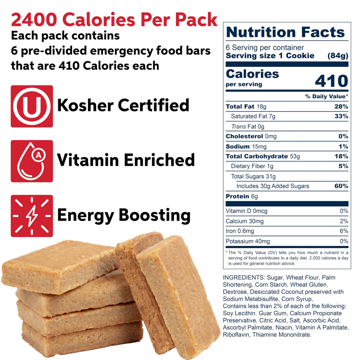 SOS Food Lab Emergency Food Bar - 2400 Calorie Ration (5 Pack Shortbread Cookie) - 2 Day/48 Hour Ready to Eat Supply for Camping, Hiking, Disaster