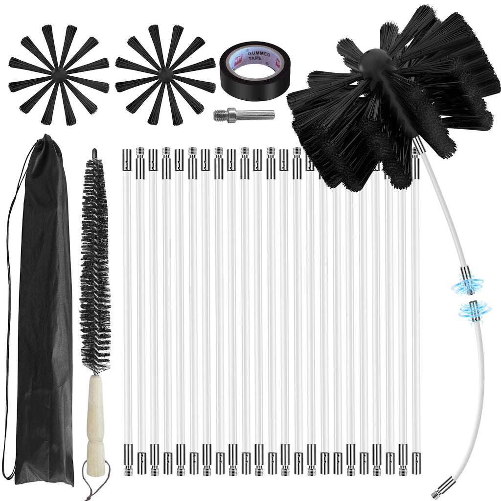 30Feet Chimney Sweep Kit,8 in Brush Head,Dryer Vent Cleaner Kit, Chimney Sweep&Chimney Cleaning Kit, Rotary Chimney Cleaning System for
