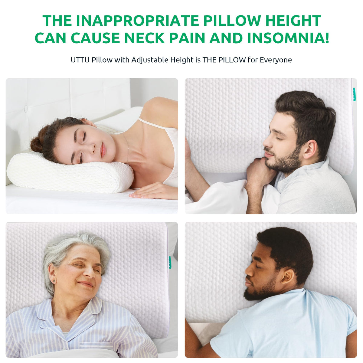 UTTU Cervical Pillow for Neck Pain Relief, Memory Foam Neck Pillow for Sleeping, Adjustable Orthopedic Sandwich Pillow, Contour Cooling for Side Back