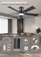 52Inch Ceiling Fan with Lights and Remotes, Modern Low Profile Flush Mount Ceiling Fans,DC Reversible Motor, 3CCT Dimmable,Noiseless,Dual Finish