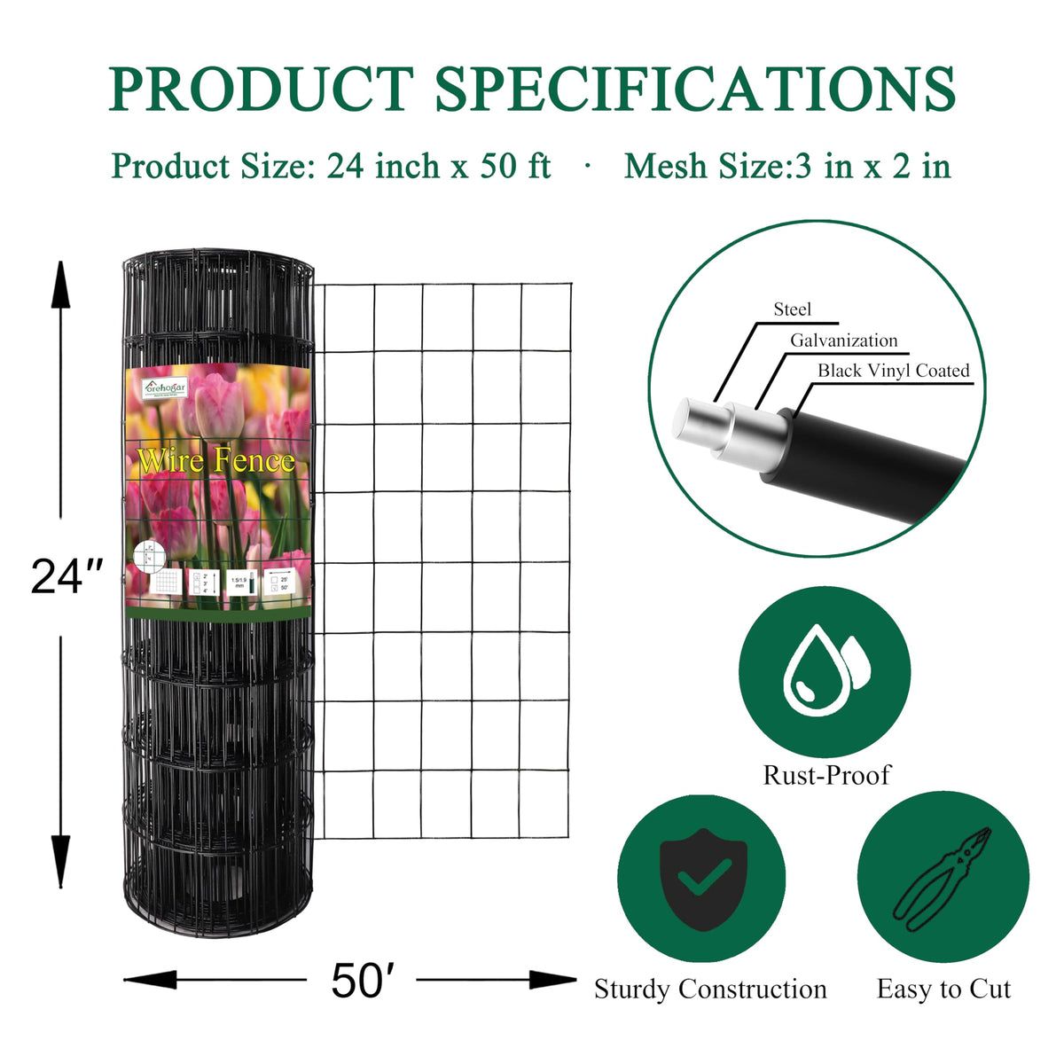 Black PVC Coated Welded Wire Fence 24" x 50' Roll, 2"x3" Mesh, 16 Gauge