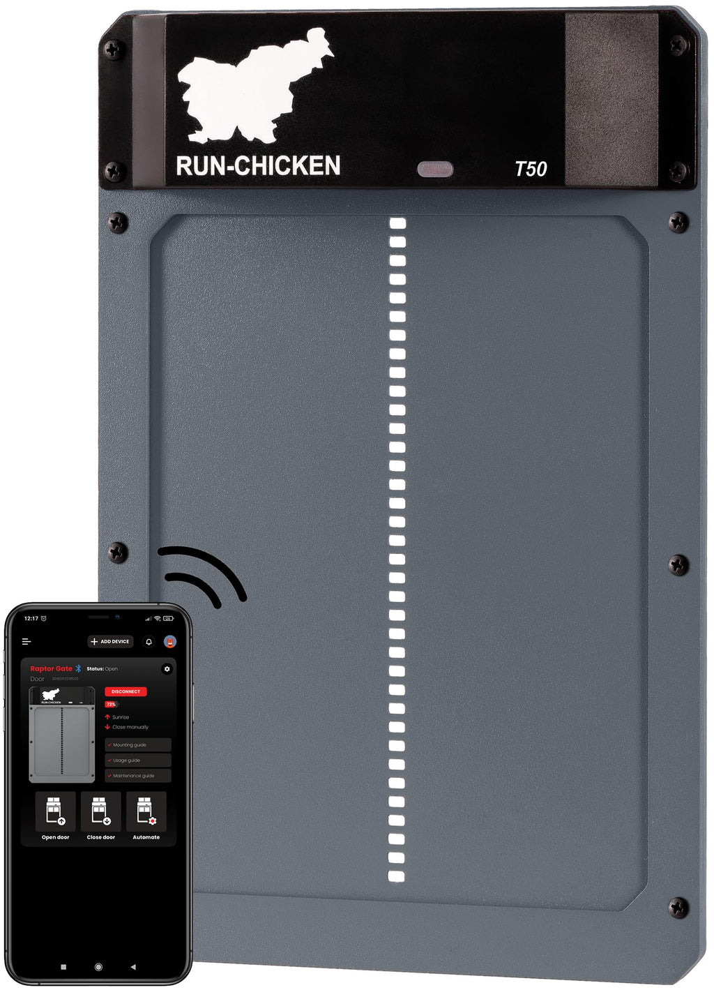 RUN-CHICKEN Door T50 – Automatic Chicken Coop Door Opener, Battery Powered & Weatherproof Aluminum, Smart App & Timer Control, Predator Proof, Easy