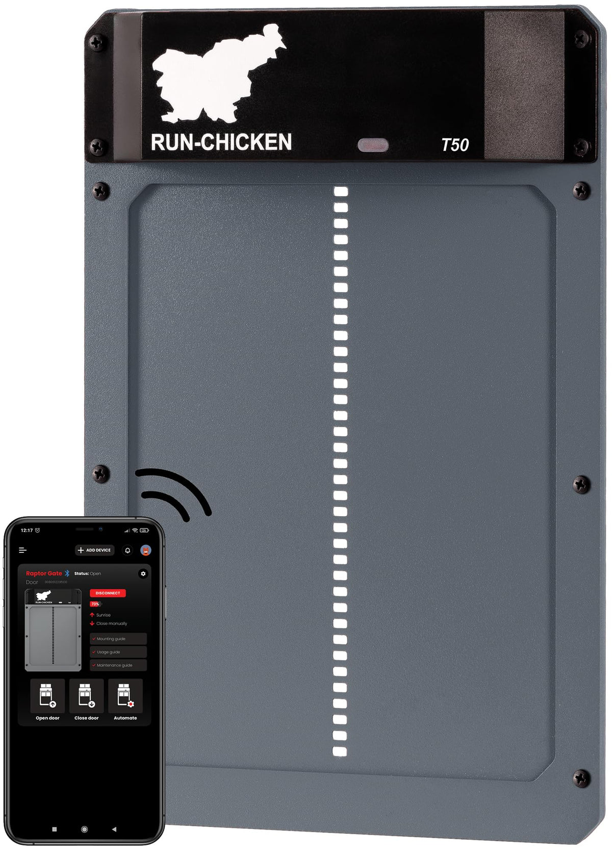 RUN-CHICKEN Door T50 – Automatic Chicken Coop Door Opener, Battery Powered & Weatherproof Aluminum, Smart App & Timer Control, Predator Proof, Easy