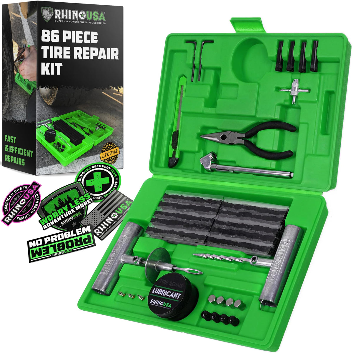 Rhino USA Tire Repair Kit (86-Piece) - Heavy Duty Tire Plug Kit