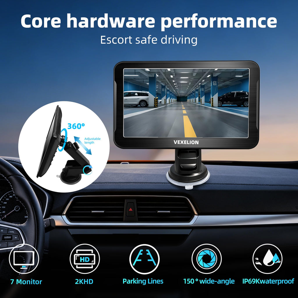 2K Backup Camera Kit, 7 Inch Monitor, Wired Zero-Lag, Night Vision