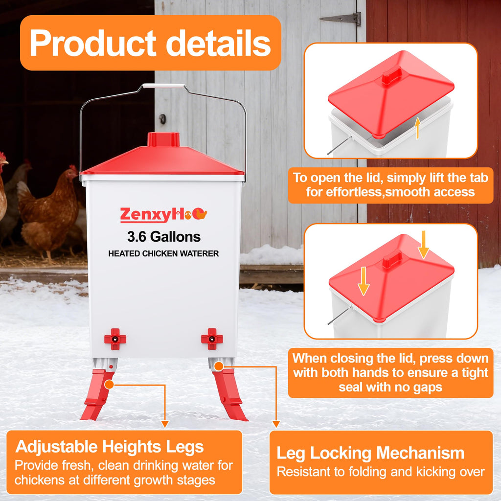 3.6 Gal Heated Chicken Waterer Bucket with 3 Adjustable Heights