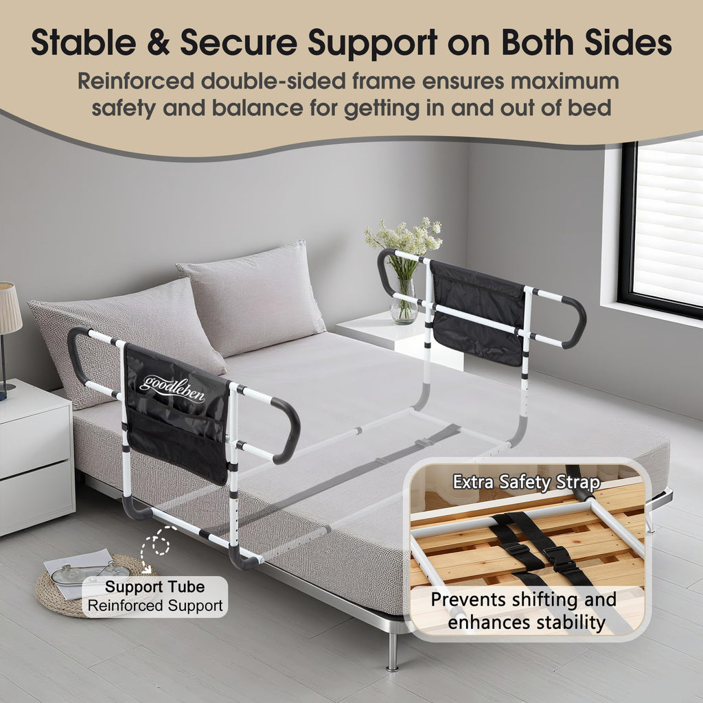 Double Bed Rail for Elderly Adults Safety, Adjustable Bed Assist Rail, Dual Side Bed Rail for Seniors Safety, Under Mattress Bed Guard Rail for Fall