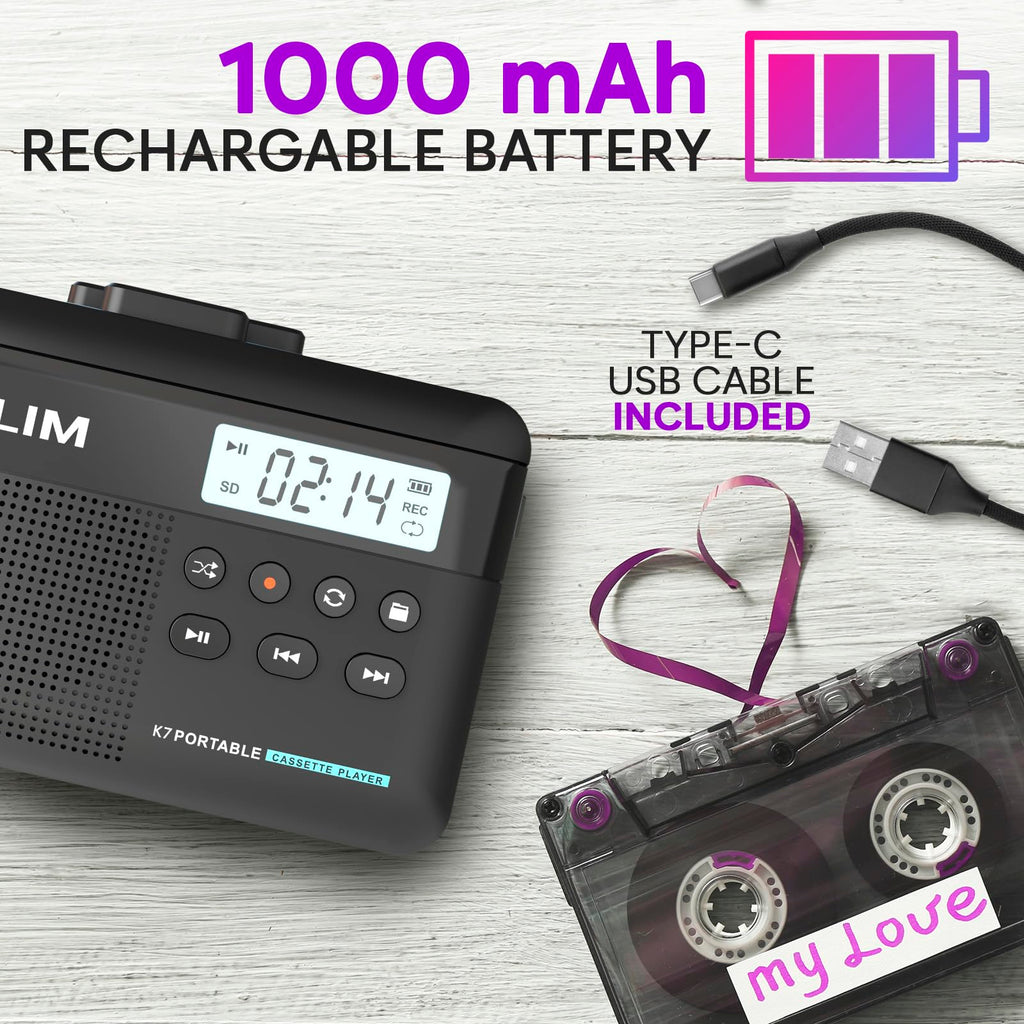 K7 Cassette Player, Converts Tapes to MP3, Built-in Microphone, 16GB Card