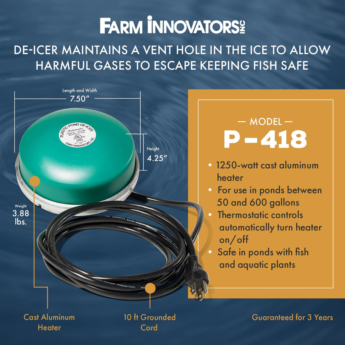 Farm Innovators 1250 Watts 7.5 Inch Cast Aluminum Floating Outdoor Pond De Icer Heater with Built in Thermostat Control and 10 Foot Cord, Green