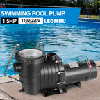 Leomru 1.5 HP Pool Pump 6500 GPH Self Priming in/Above Ground Swimming Pool Pump 110V/220V Dual Voltage Single Speed Pumps with Strainer Basket 6Pcs