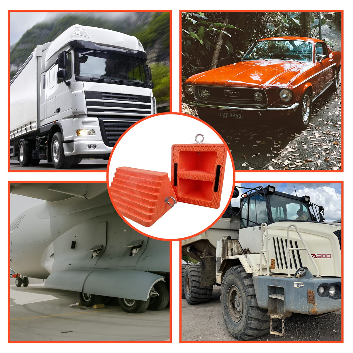2 Pack Wheel Chocks Heavy Duty Orange with Eyebolt for Travel Trailer, 10" Length x 8" Width x 5.7" Height