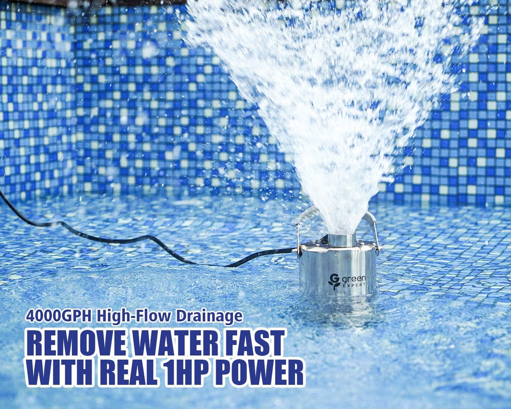 Green Expert 1HP Submersible Sump Pump, 4000GPH Full 304 Stainless Steel Manual Utility Pump with Adapter Kit, Oil-Free Top Discharge Water Removal