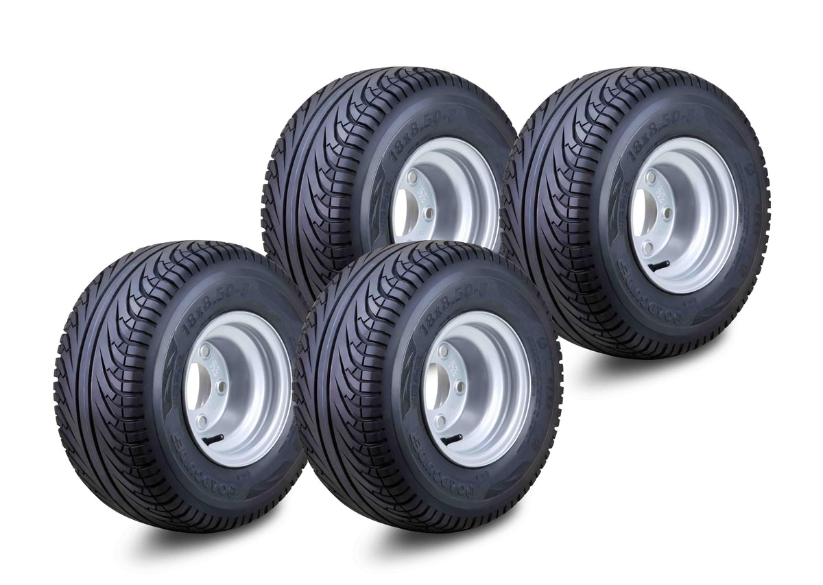ROADGUIDER Golf Cart Tire & Wheel 18X8.50-8 4PR w 4X4" Silver Rim 14039-S4