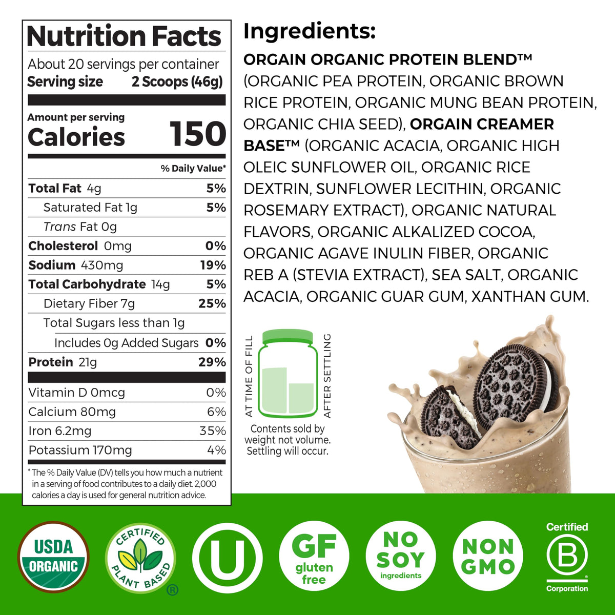 Orgain Organic Vegan 21g Protein Powder, Cookies & Cream, 2.03 lb