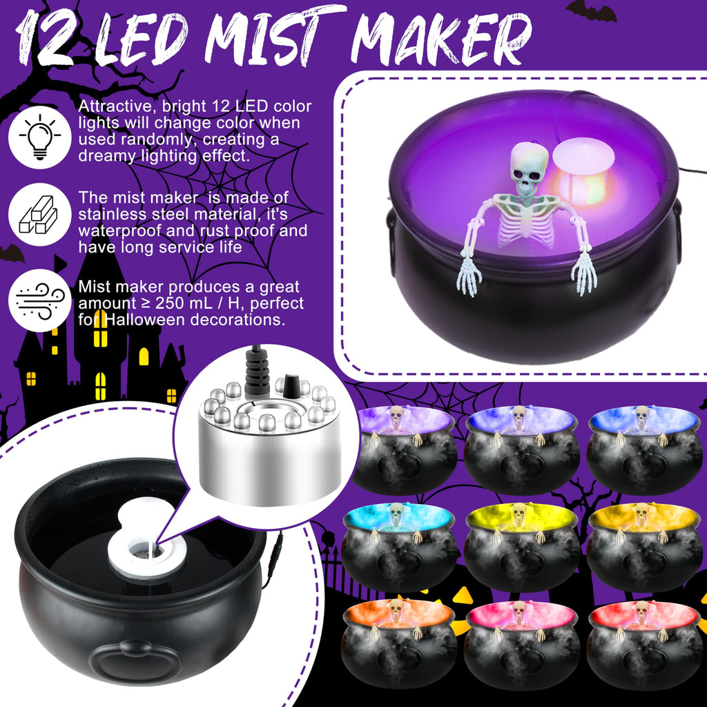 Halloween Mist Maker Fogger, 12.6" Big Witch Cauldron Skeleton with Color Change LED Light Large Capacity of Mist Water Fountain Pond Fog Machine and