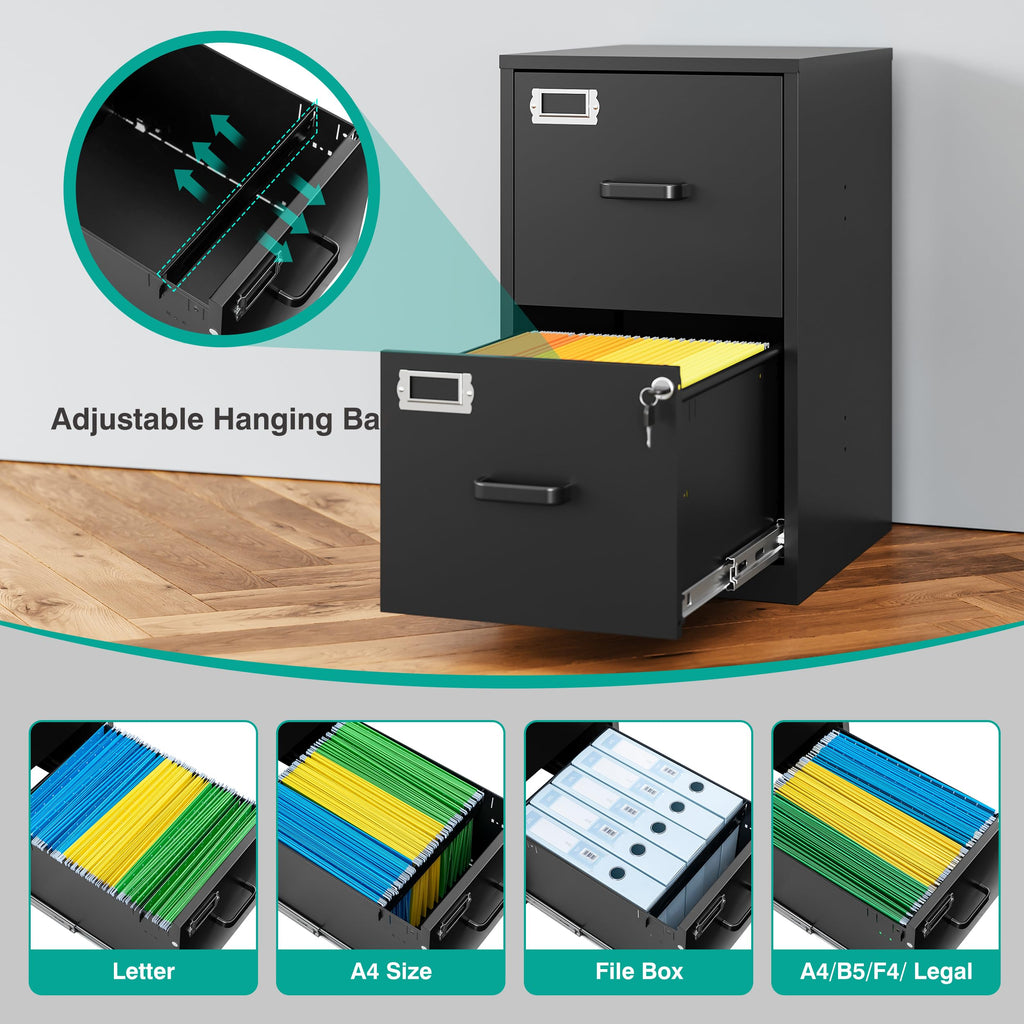 2 Drawer File Cabinet with Lock,Narrow Vertical Filing Cabinet,Under Desk File Cabinets,Black Metal File Cabinets for Home Office,Fit Letter/A4/Legal