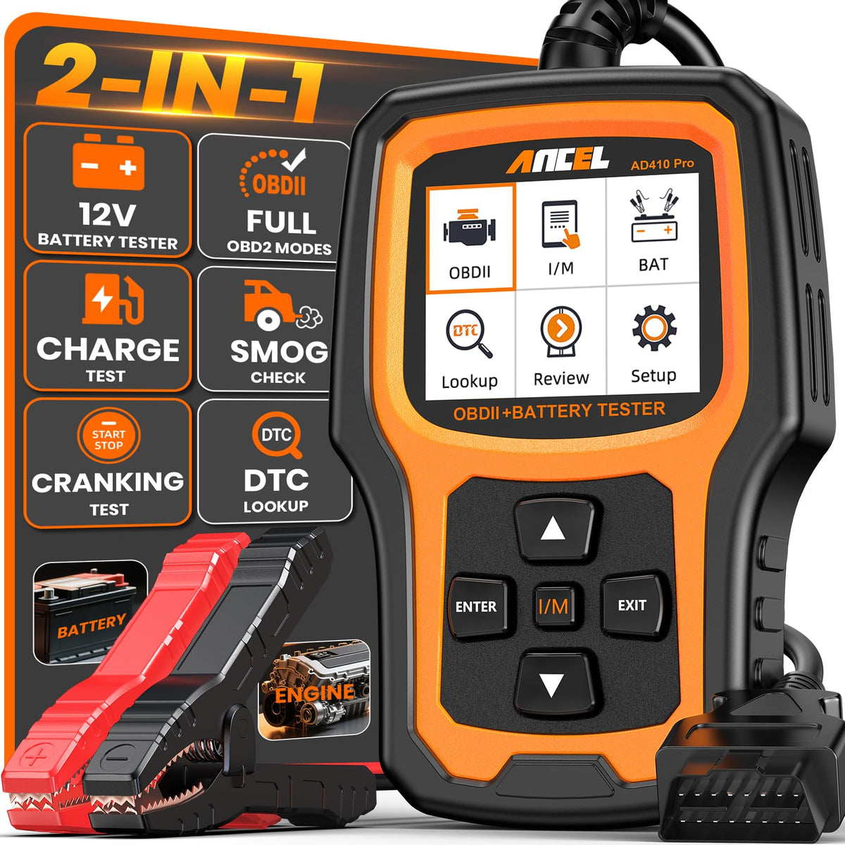 ANCEL AD410 PRO OBD2 Scanner and Battery Tester, 2-in-1 Car Diagnostic Tool, Check Engine Light, EVAP Test, Live Data, 12V Battery Analyzer with
