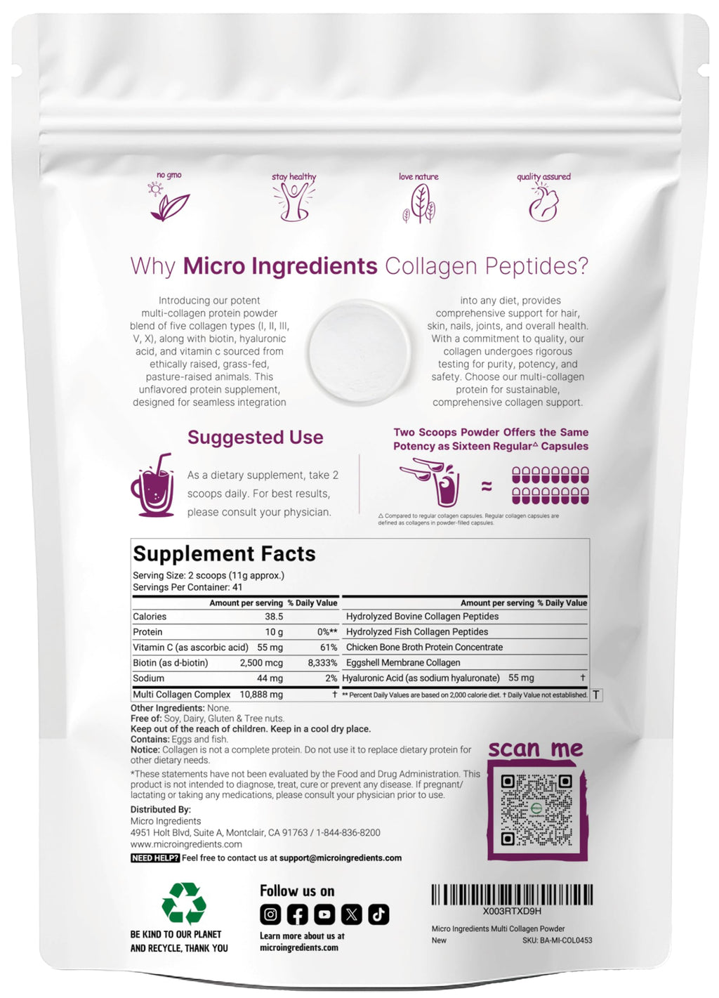 Micro Ingredients Multi Collagen Peptides Powder, 1lb (41 Servings)