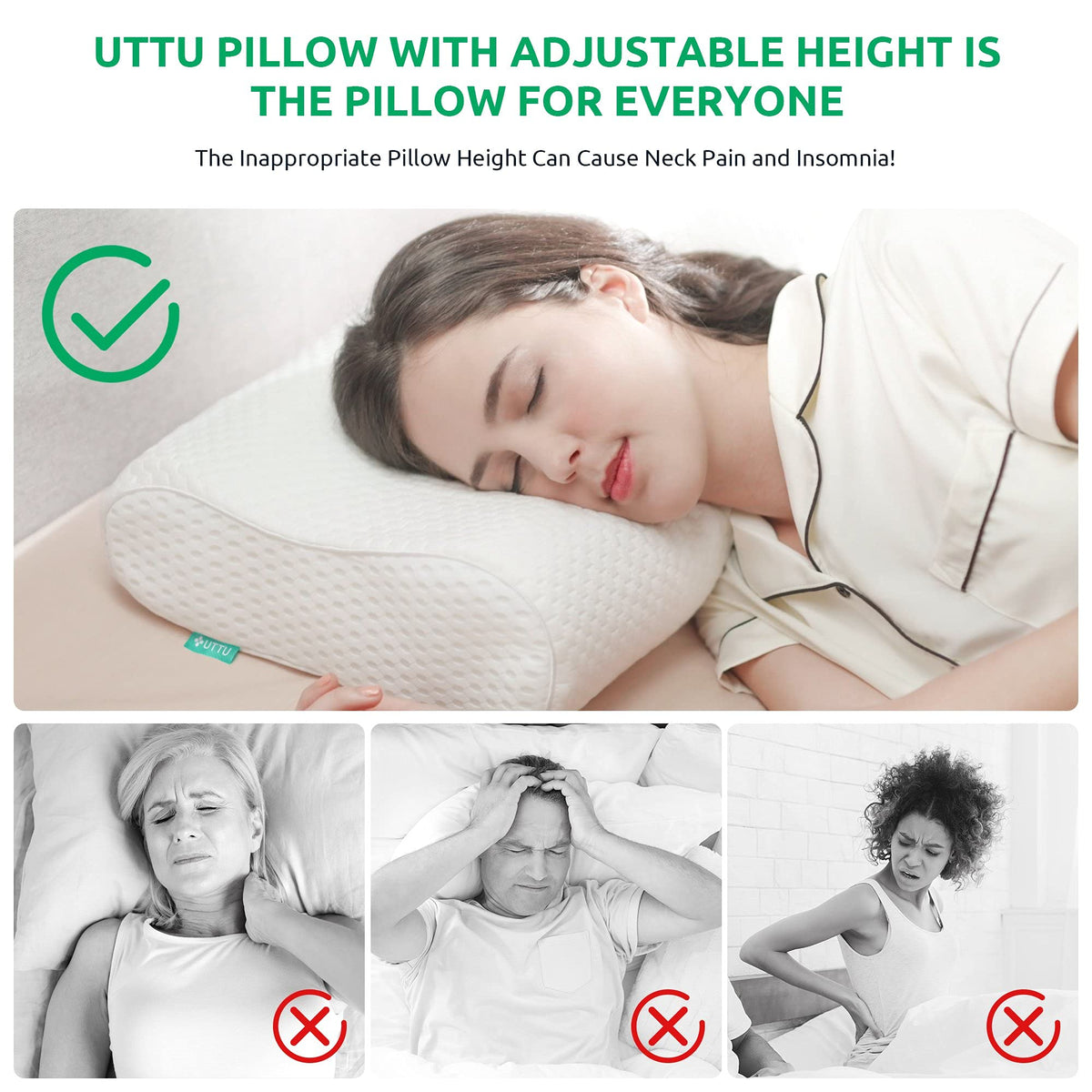 UTTU Cervical Pillow for Neck Pain Relief, Memory Foam Neck Pillow for Sleeping, Adjustable Orthopedic Sandwich Pillow, Contour Cooling for Side Back