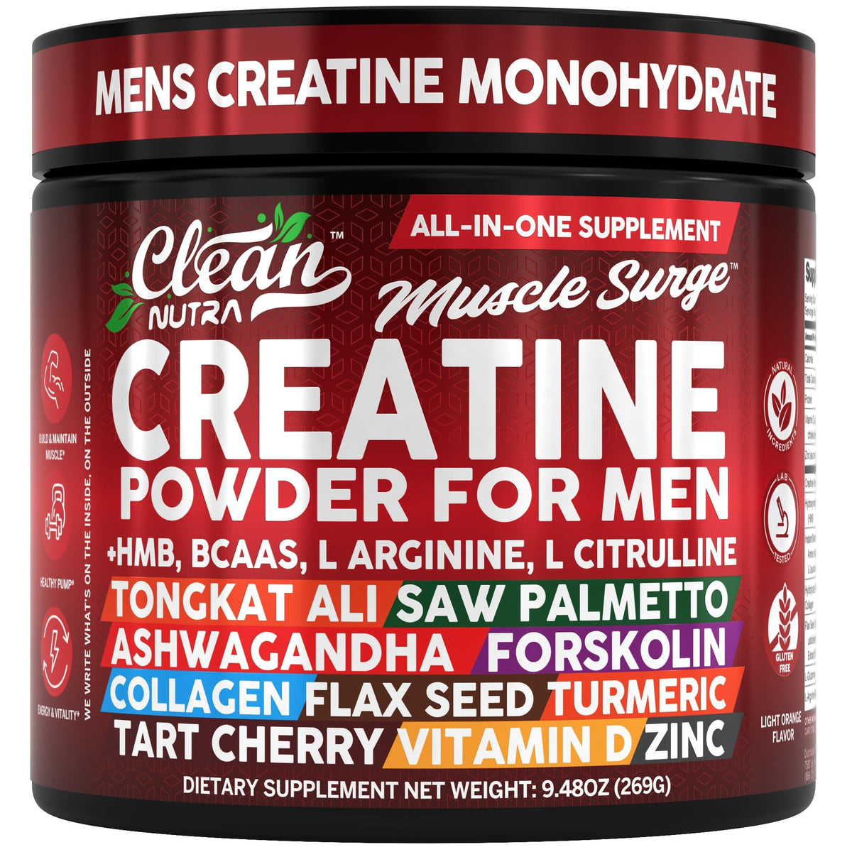 Clean Nutra Creatine Powder for Men + HMB BCAA L Arginine L Citrulline Tongkat Ali Saw Palmetto Ashwagandha Collagen Flax Seed Turmeric Preworkout