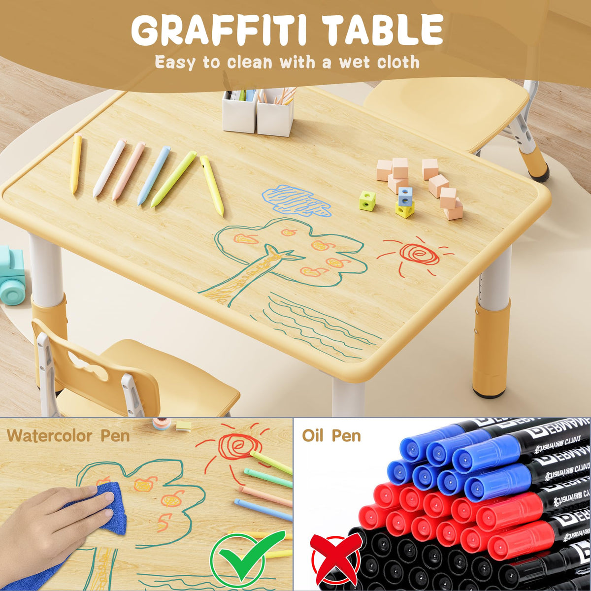 Adjustable Toddler Table and Chair Set, 31.5" L x 23.6" W Beige