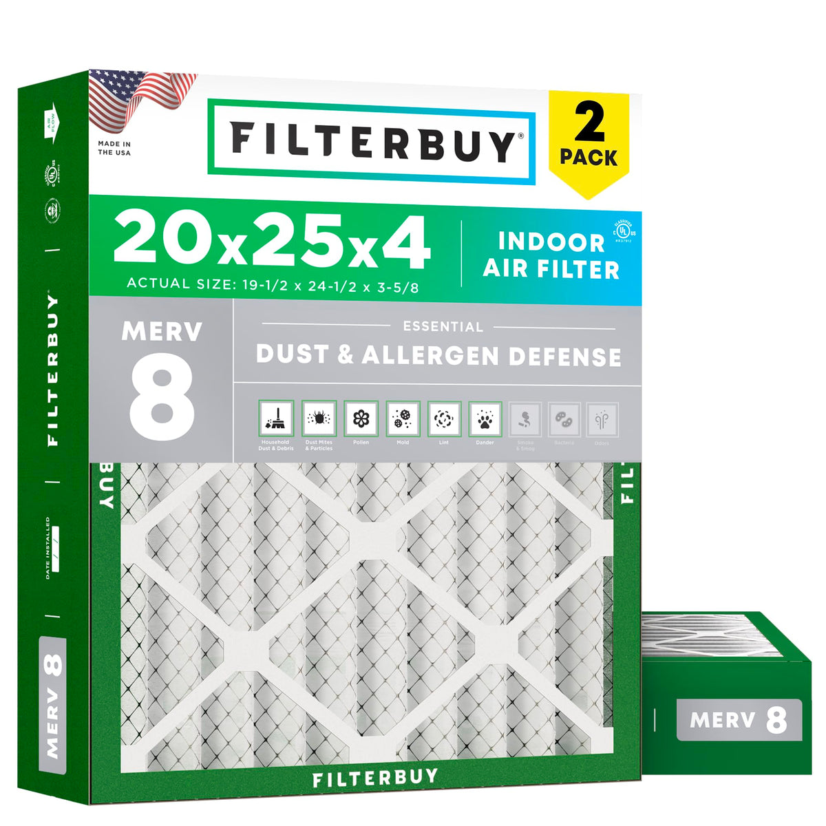 Filterbuy 20x25x4 Air Filter MERV 8 Dust & Allergy Defense (2-Pack)
