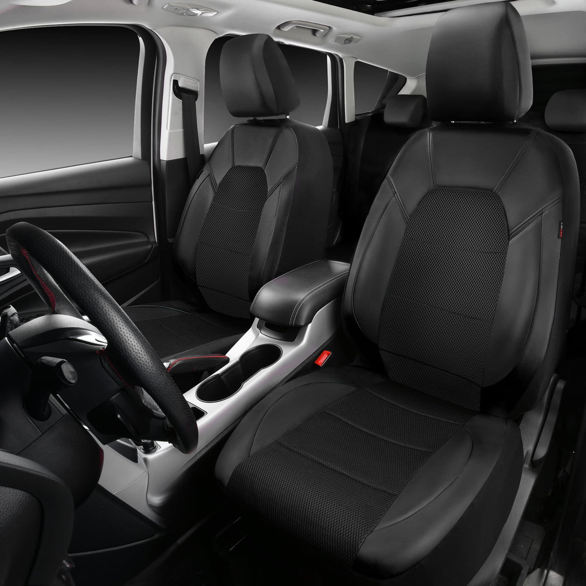 CAR PASS Leather and 3D Air Mesh Universal Fit Car Seat Covers, for Sedans,Trucks,Suvs,Airbag Compatible,Zipper Design and Reserved Opening Holes for