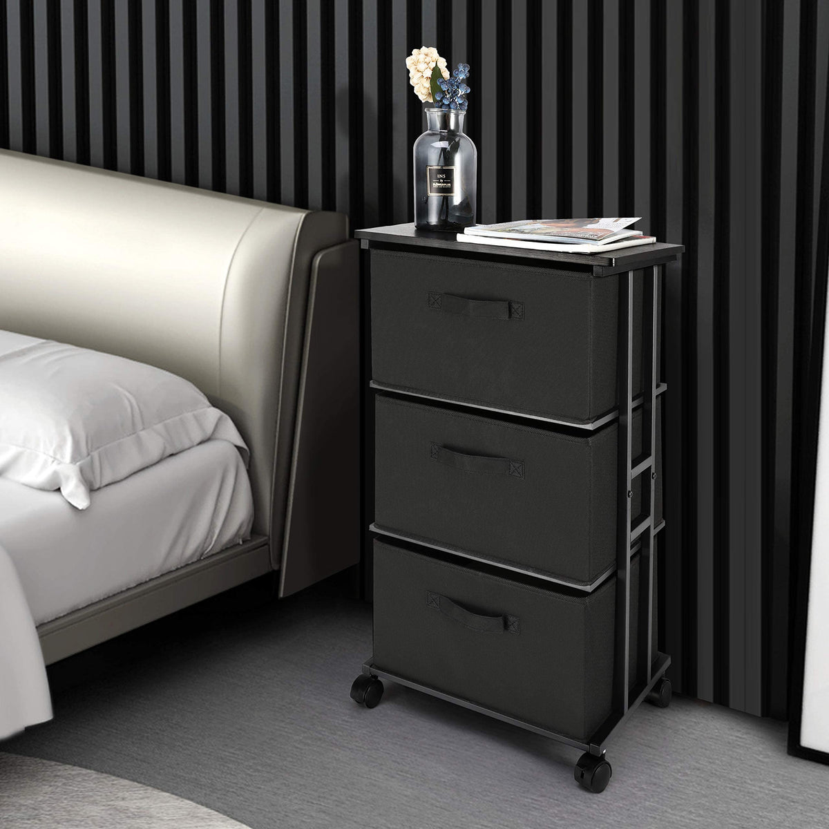 Dresser Storage with 3 Drawers, Fabric Dresser Tower, Vertical Storage Unit for Bedroom, Closet, Office, Black