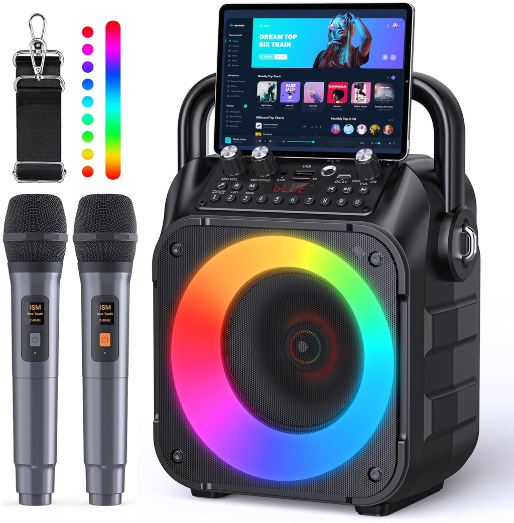 Karaoke Machine, Portable Bluetooth Speaker with 2 Wireless Microphones