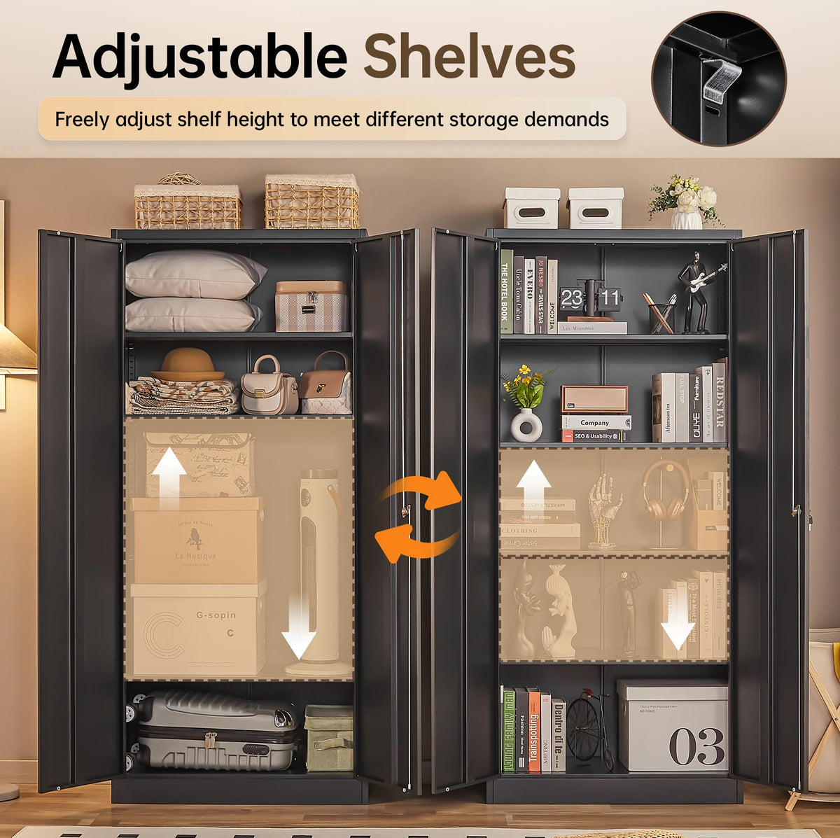 Metal Storage Cabinet with Adjustable Shelves, Garage Cabinet with 2 Lockable Doors, Garage Storage Cabinet, Kitchen Pantry Cabinet - 71'H, Black