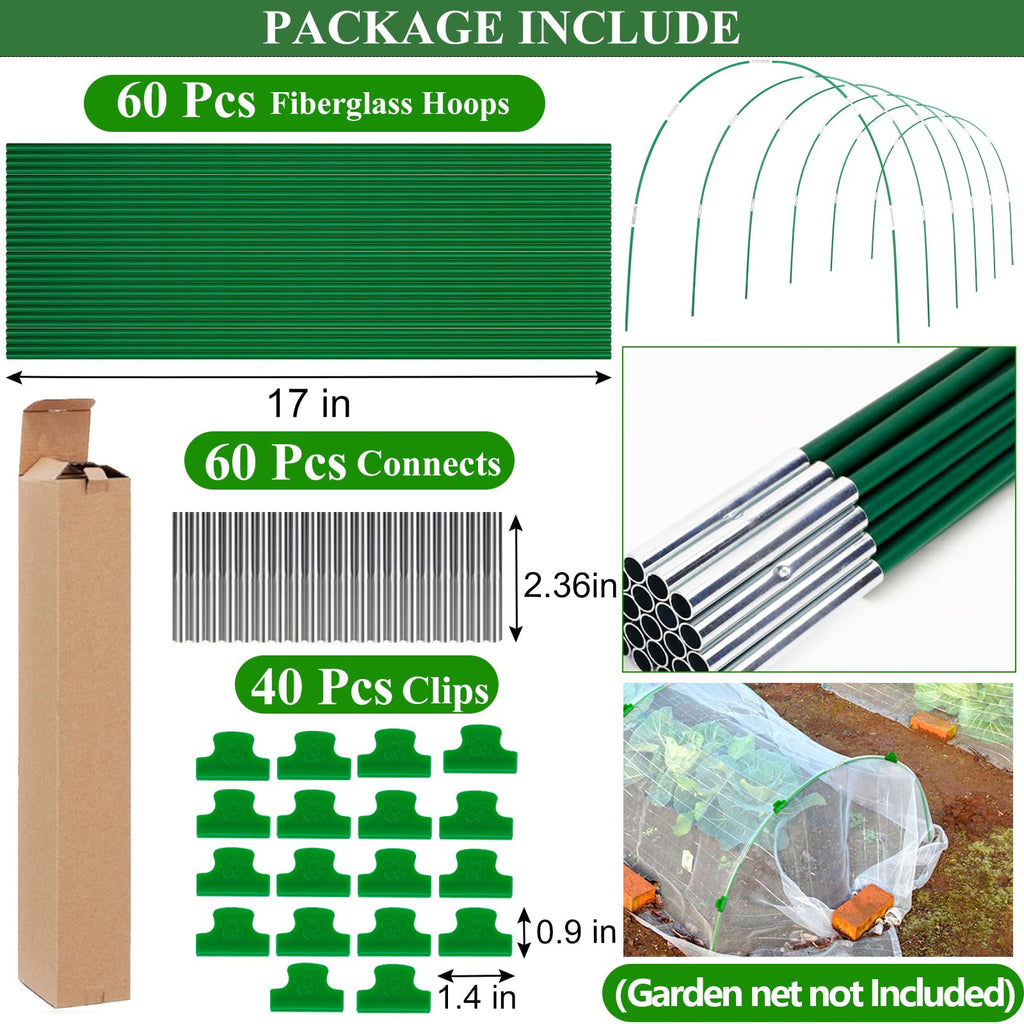 60Pcs Greenhouse Hoops Grow Tunnel Wide, 8FT Rust-Free Fiberglass Support Garden Hoops Kit for Raised Beds Plant Cloth Row Cover Netting-DIY Plant