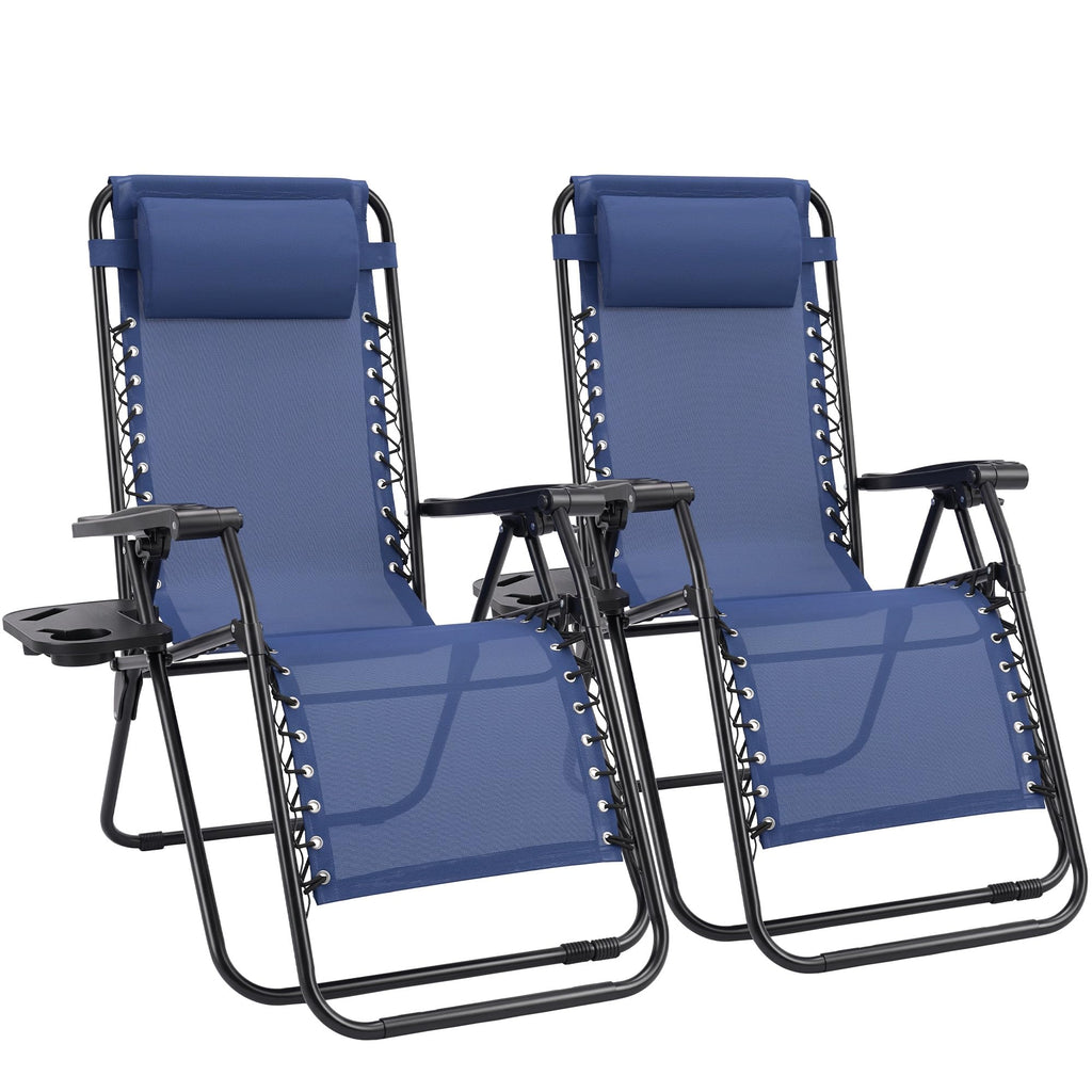 Sweetcrispy Zero Gravity Chairs Set of 2, Outdoor Folding Reclining Lounge Chair with Cup Holder Tray & Adjustable Pillow, Portable Camping Beach