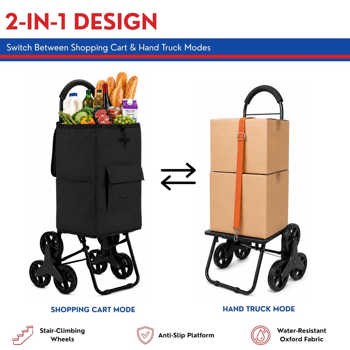 Shopping Cart, Super Loading Stair Climber 220 lbs Capacity, Grocery Foldable Trolley with Extra Large Shopping Bag Laundry Utility Cart with