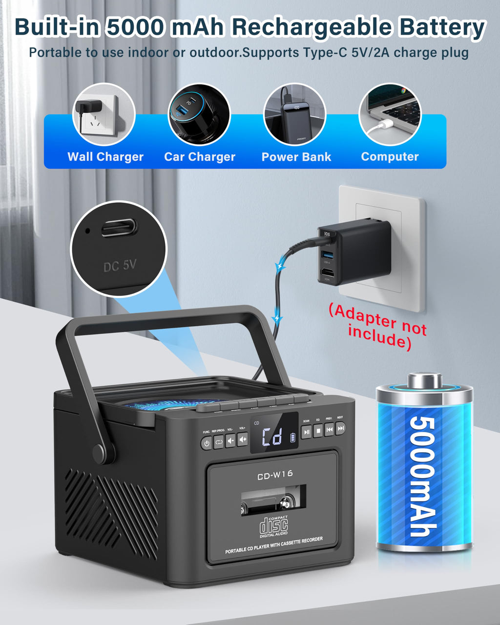 Boombox Cassette CD Player Combo with Bluetooth, 5000mAh Battery