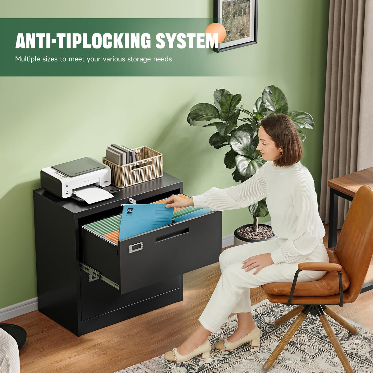 2 Drawer File Cabinet with Lock,Metal Lateral Filing Cabinet for Home Office,Hanging Letter/Legal/A4 Size (Black, H27.95×W28.35×D15.74)