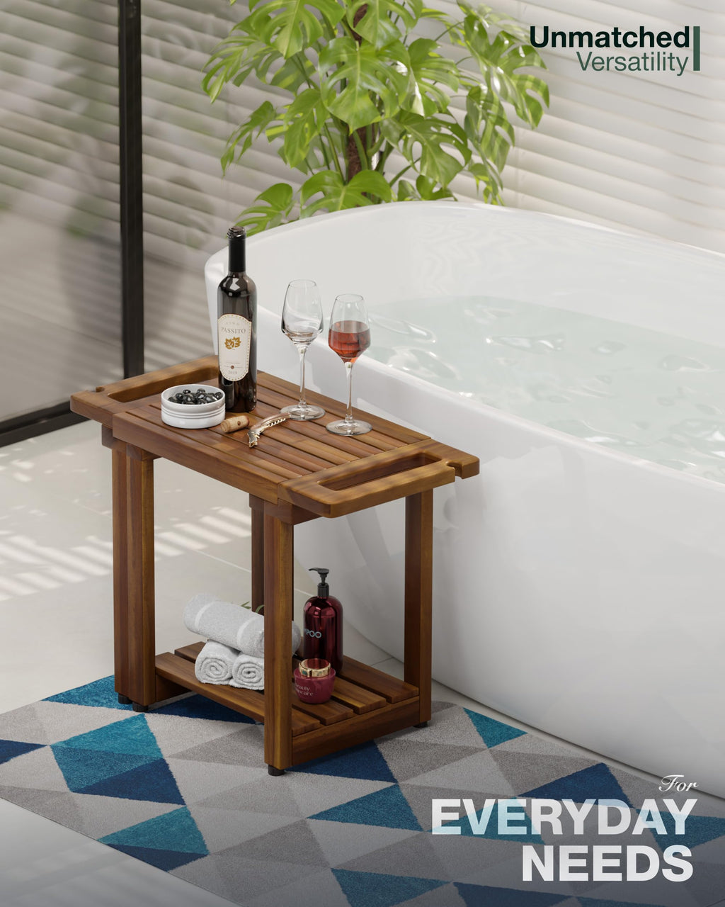 BLUEWEST Adjustable Shower Bench Stool for Inside Shower – 31.7'' Wood Bathroom Bench with Storage Shelf, Built-in Handle & Shower Head Holder