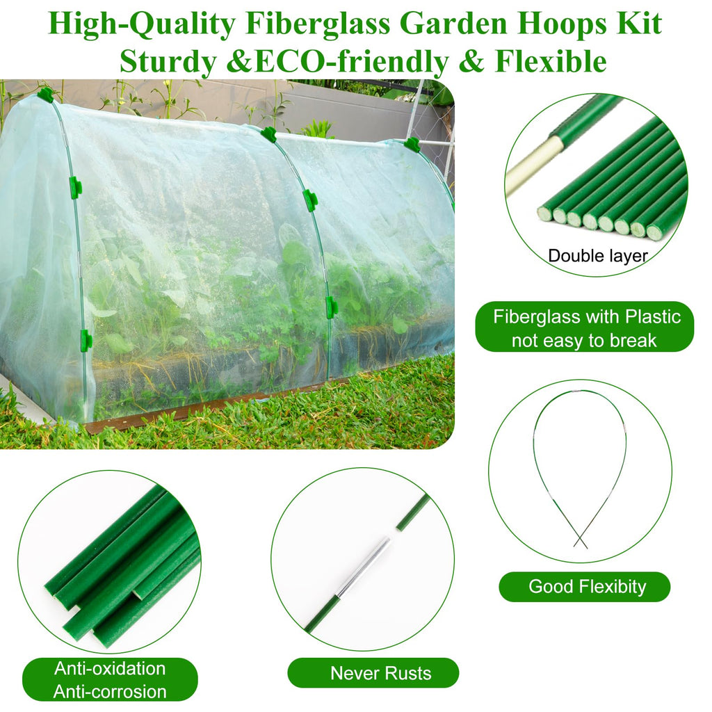 60Pcs Greenhouse Hoops Grow Tunnel Wide, 8FT Rust-Free Fiberglass Support Garden Hoops Kit for Raised Beds Plant Cloth Row Cover Netting-DIY Plant